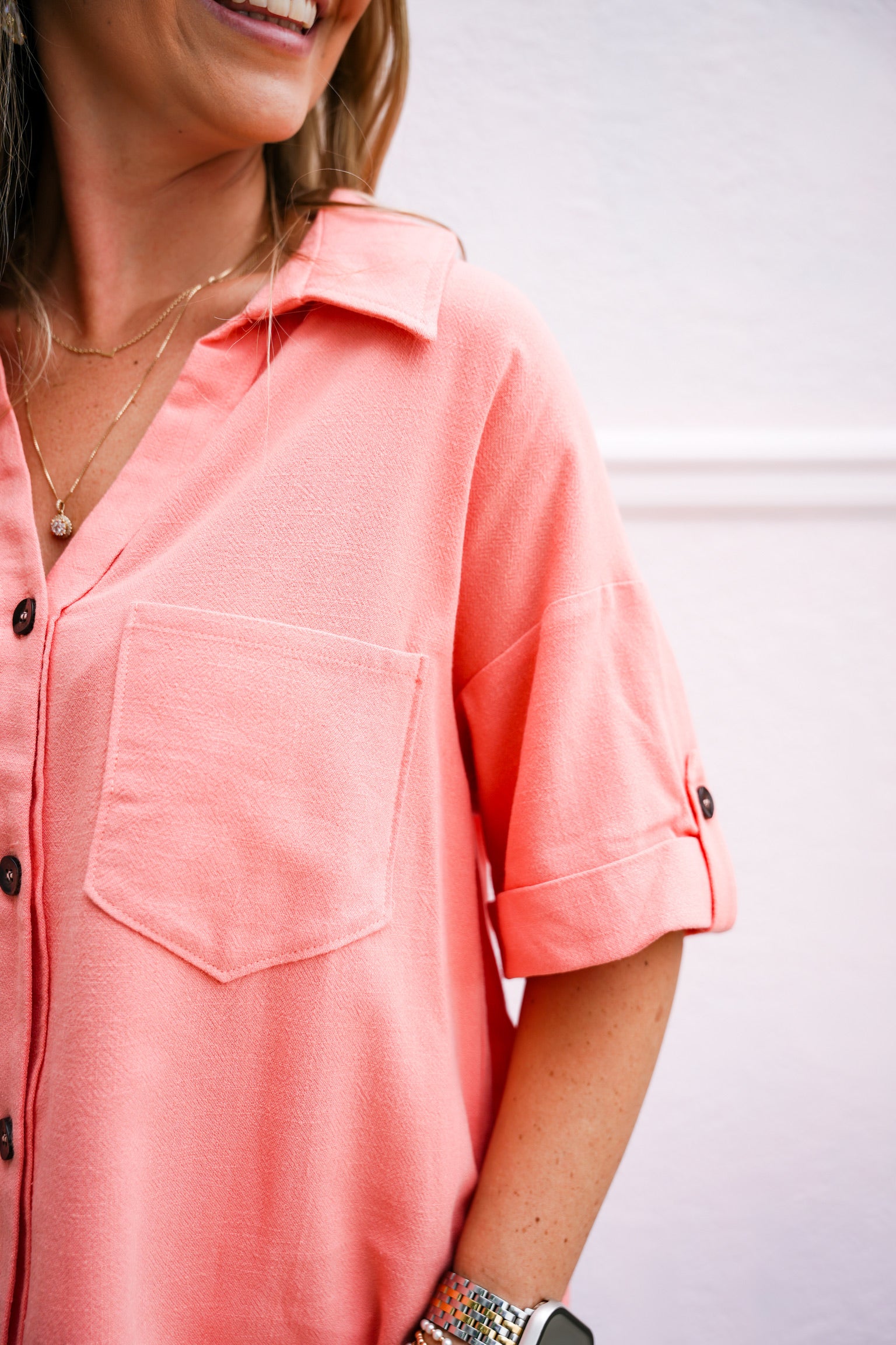 Button Down Pocket Shirt - Coral - Southern Belle Boutique