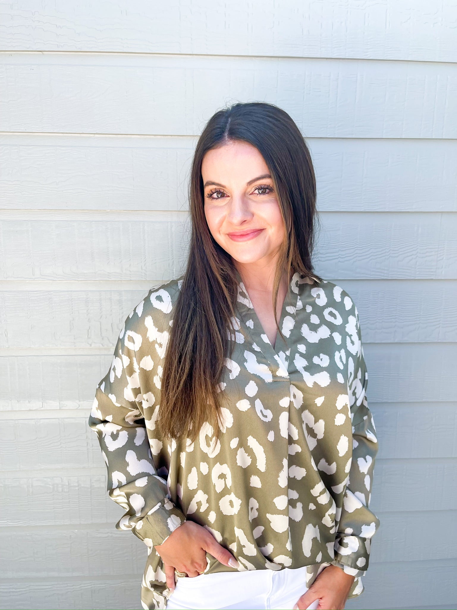 Mocha Spotted VNeck Blouse - Southern Belle Boutique