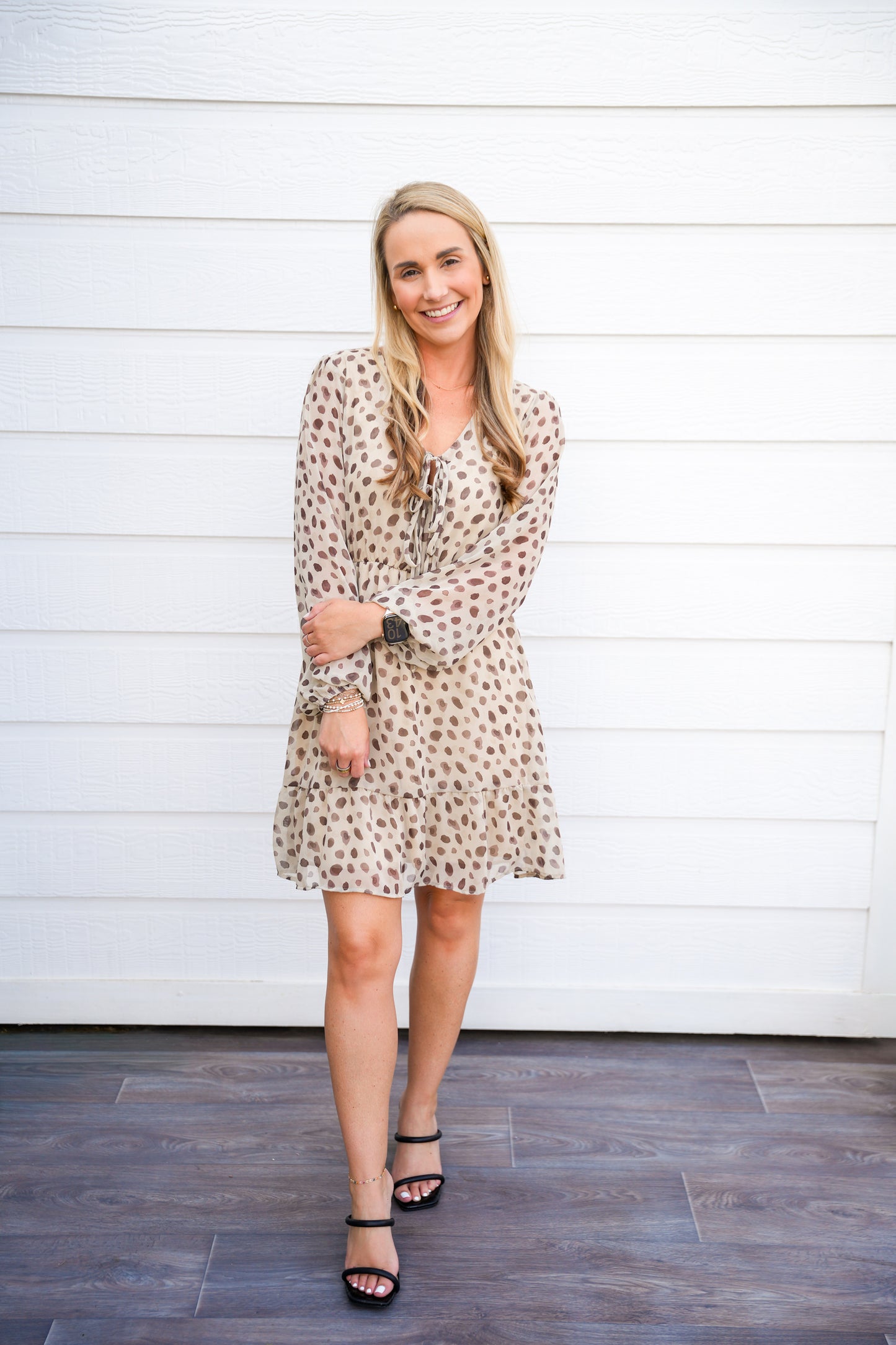 Tan Brown Spotted VNeck Front Tie Mini Dress