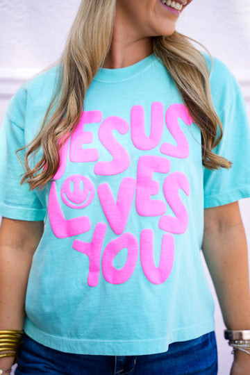 Smiley Jesus Loves You Puff Cropped Tee