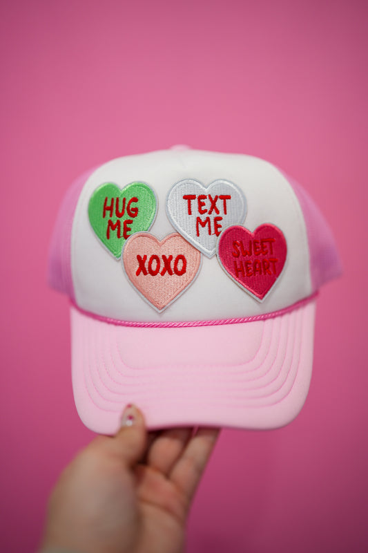 Sweet Conversation Hearts Trucker Hat - Pink White - Southern Belle Boutique