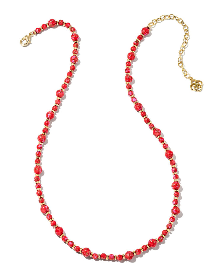 Jovie Beaded Strand Necklace - Gold Bronze Veined Red And Fuchsia Magnesite - Southern Belle Boutique