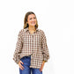 Brown Gingham Plaid Ruffle Cuff Shirt