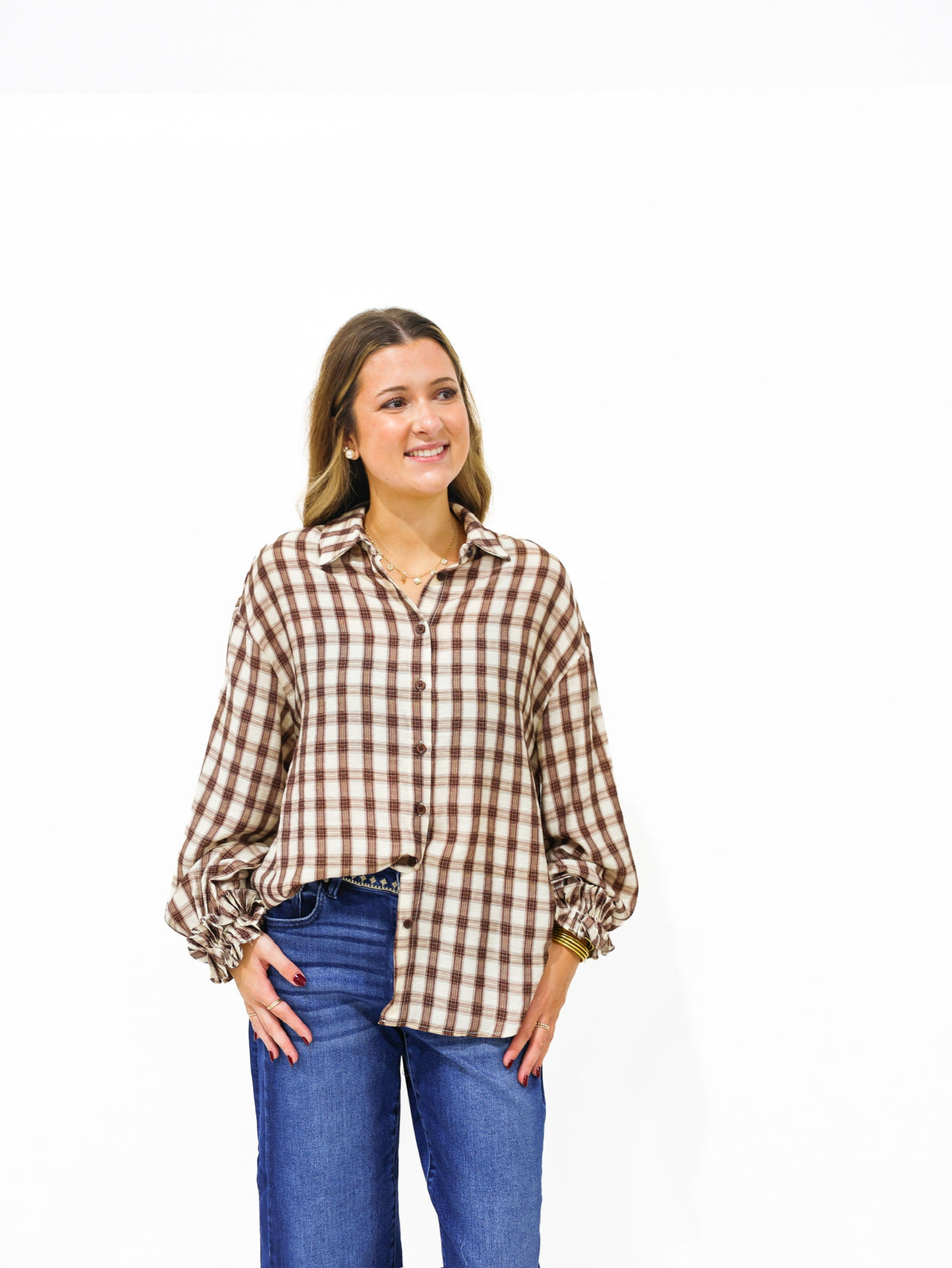 Brown Gingham Plaid Ruffle Cuff Shirt
