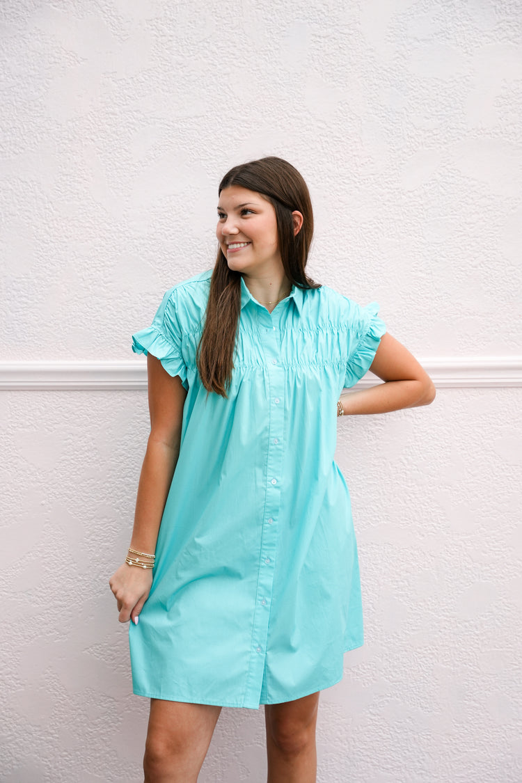 Turquoise Gathered Shirt Dress