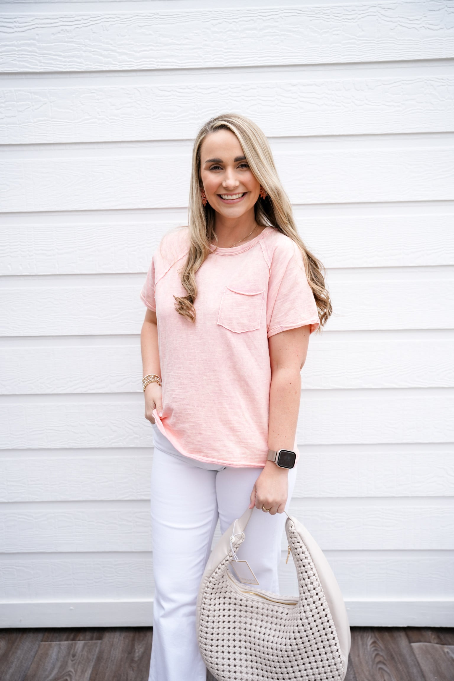 Blush Raw Edge Pocket Tee - Southern Belle Boutique