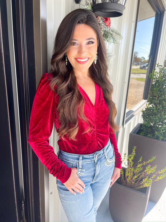 Sadelle Shirred Seam Top - Cranberry Velvet - Southern Belle Boutique