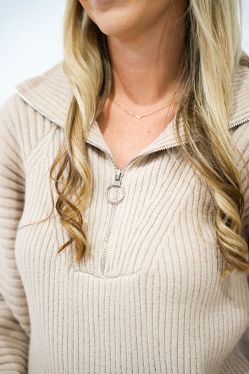 Taupe Half Zip Balloon Sleeve Sweater