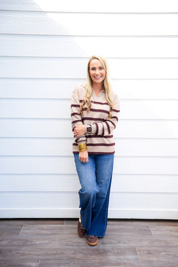 Brown Striped VNeck Sweater