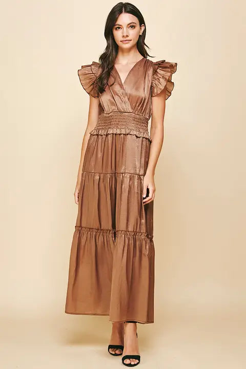 Mocha Satin Tiered Maxi Dress