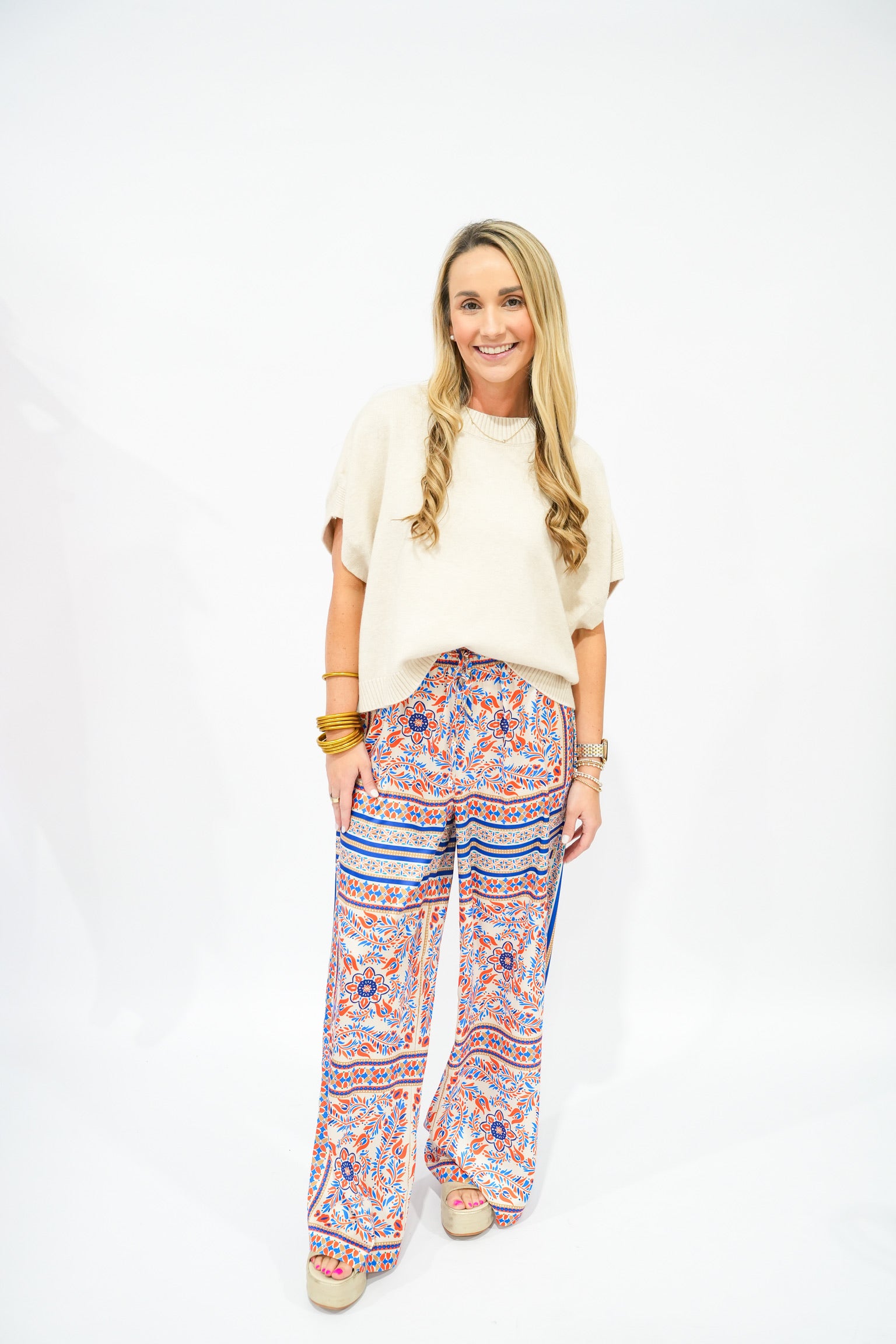 Coral Blue Scarf Print Wide Leg Pant - Southern Belle Boutique