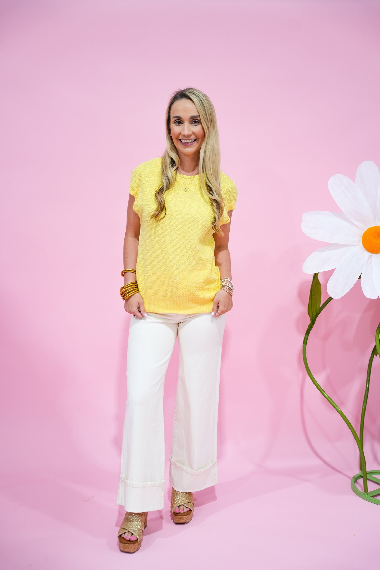 Yellow Mini Waffle Sweater - Southern Belle Boutique