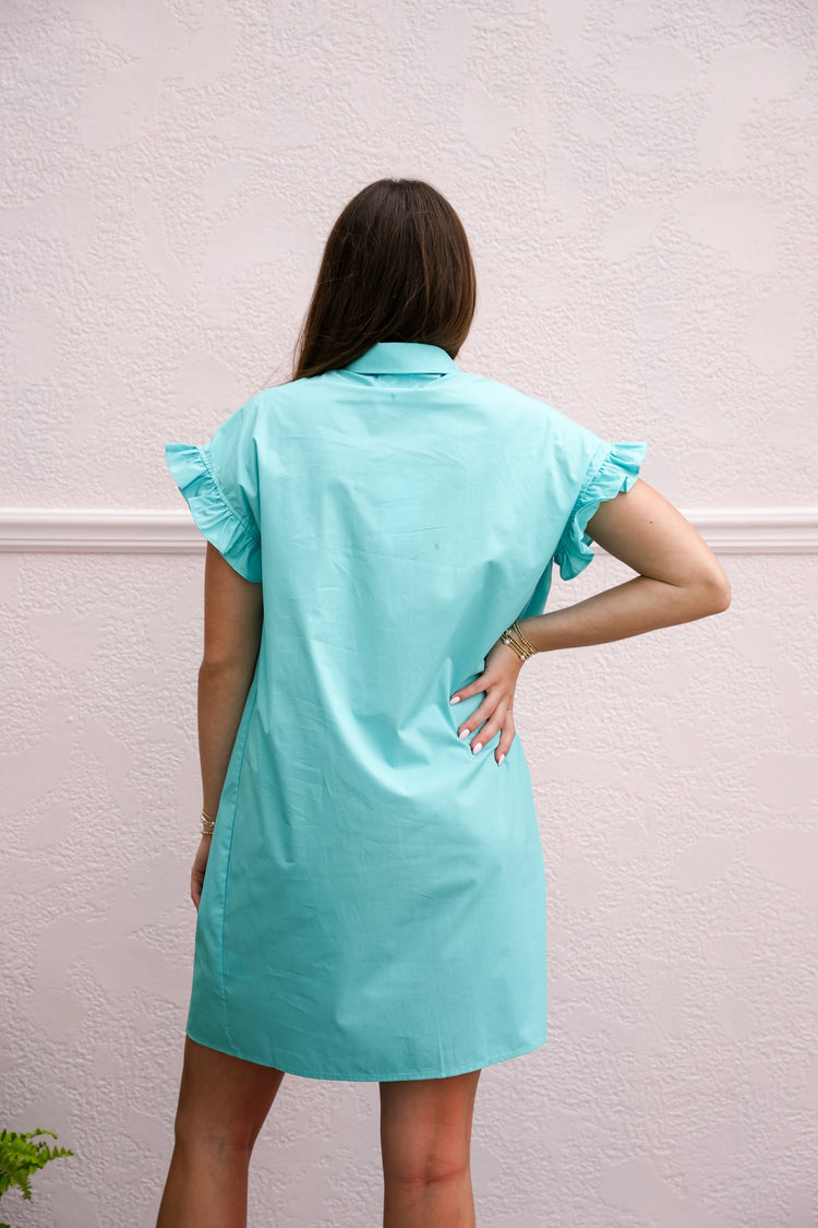 Turquoise Gathered Shirt Dress