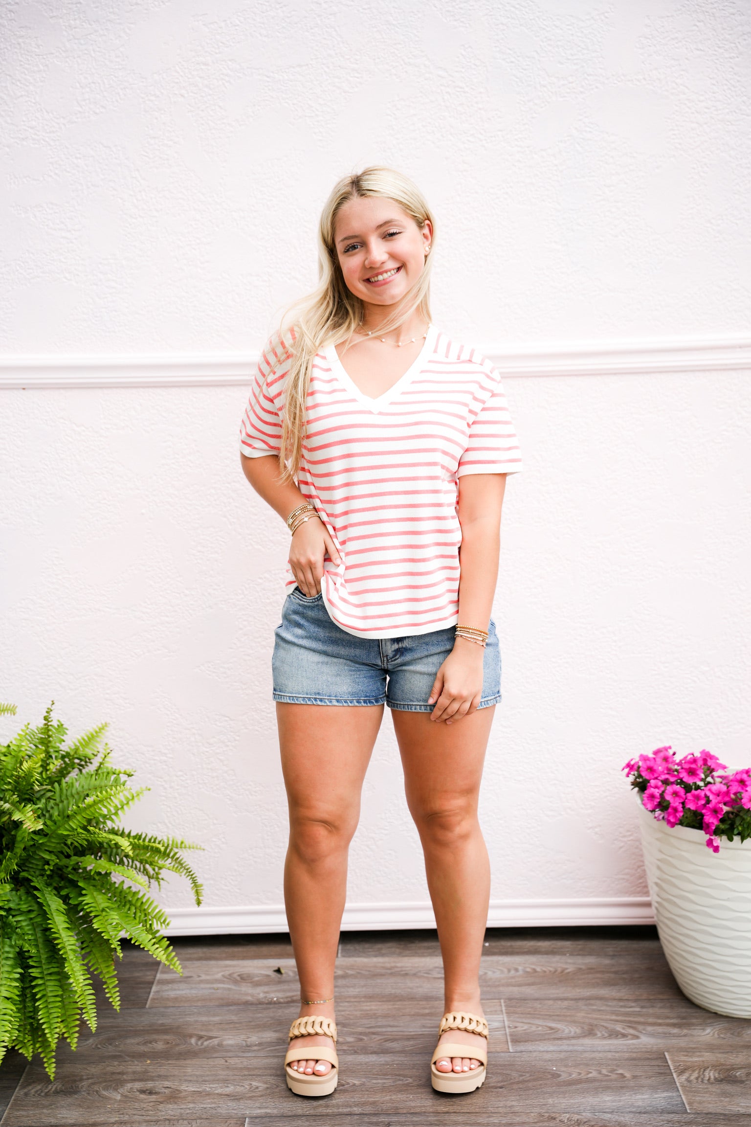 Ivory Coral Striped VNeck Sweater - Southern Belle Boutique
