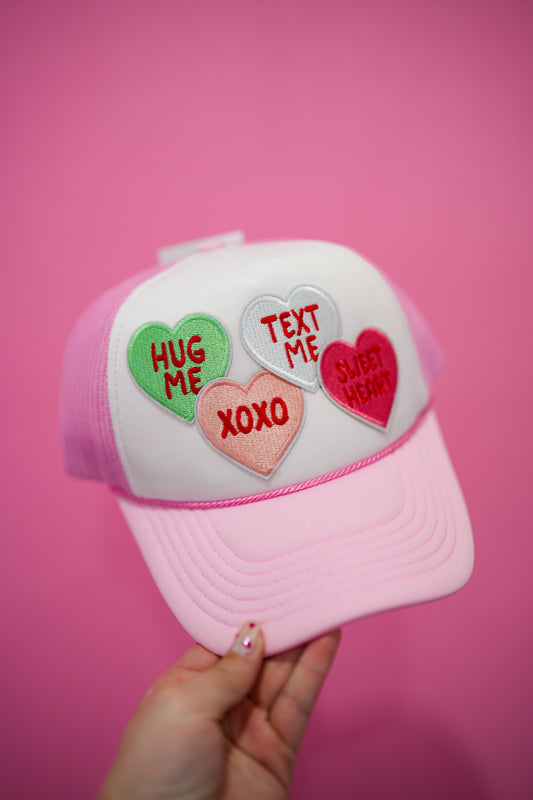 Sweet Conversation Hearts Trucker Hat - Pink White - Southern Belle Boutique