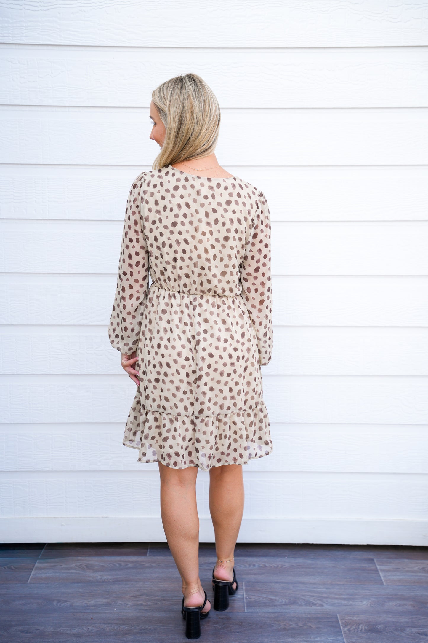 Tan Brown Spotted VNeck Front Tie Mini Dress