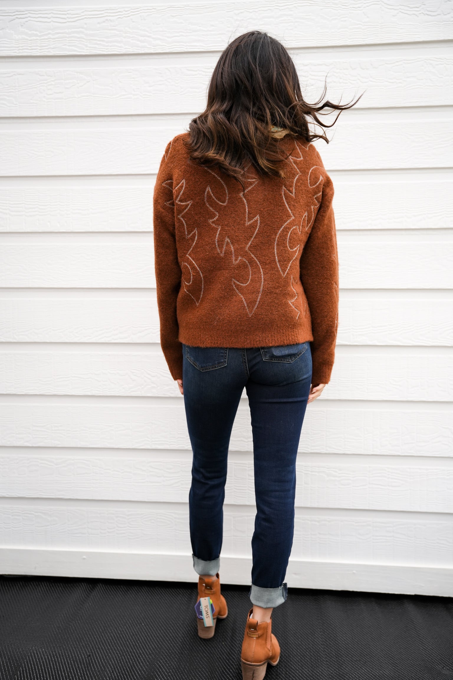 Western Boots Stitched Sweater - Southern Belle Boutique