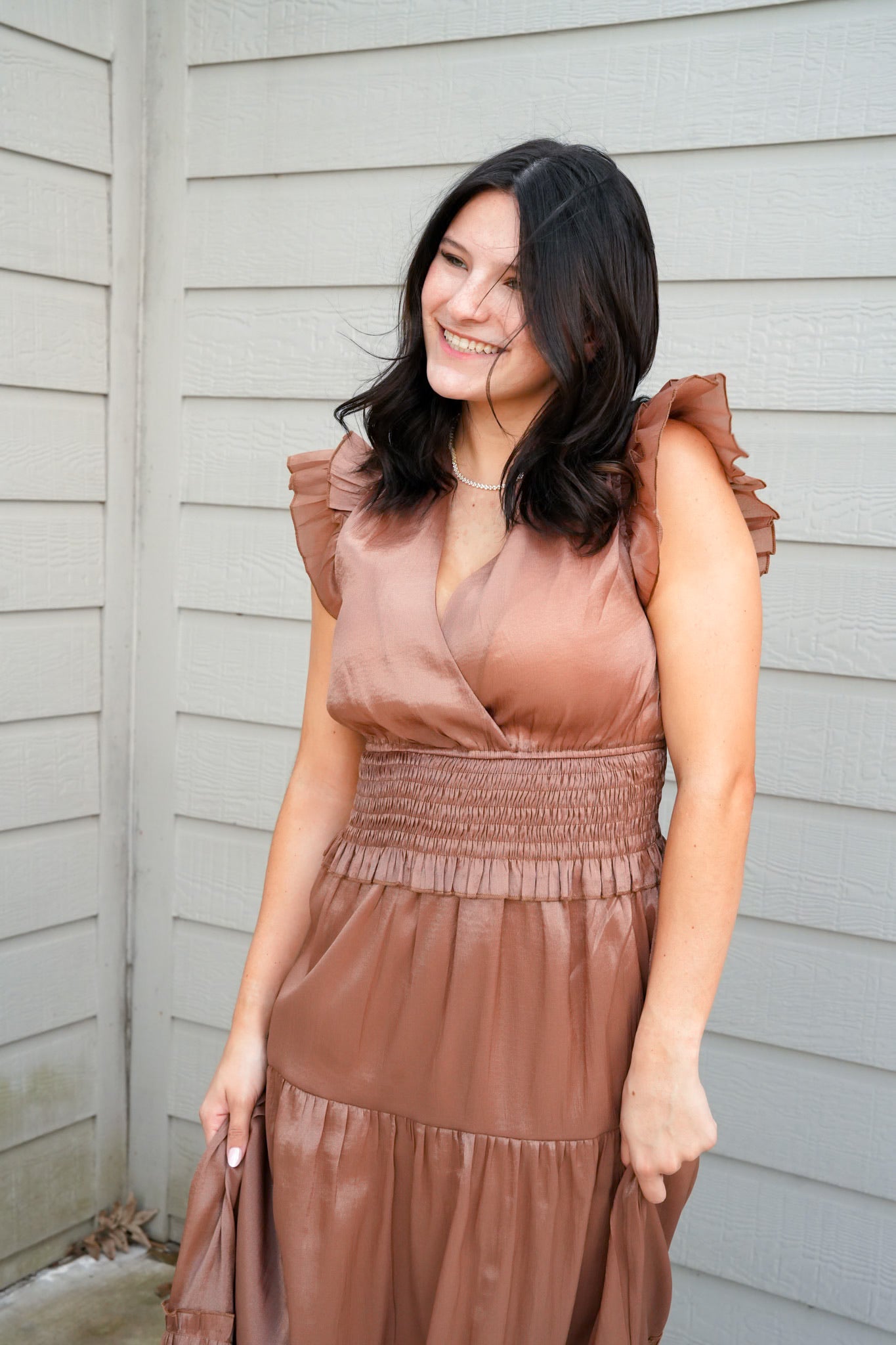 Mocha Satin Tiered Maxi Dress - Southern Belle Boutique