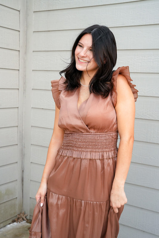 Mocha Satin Tiered Maxi Dress