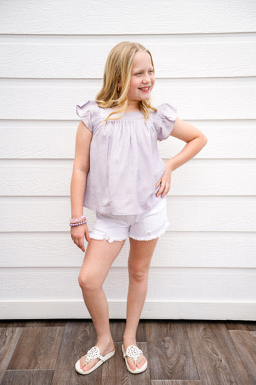 Lavender Smocked Detail Ruffle Shoulder Top - Southern Belle Boutique