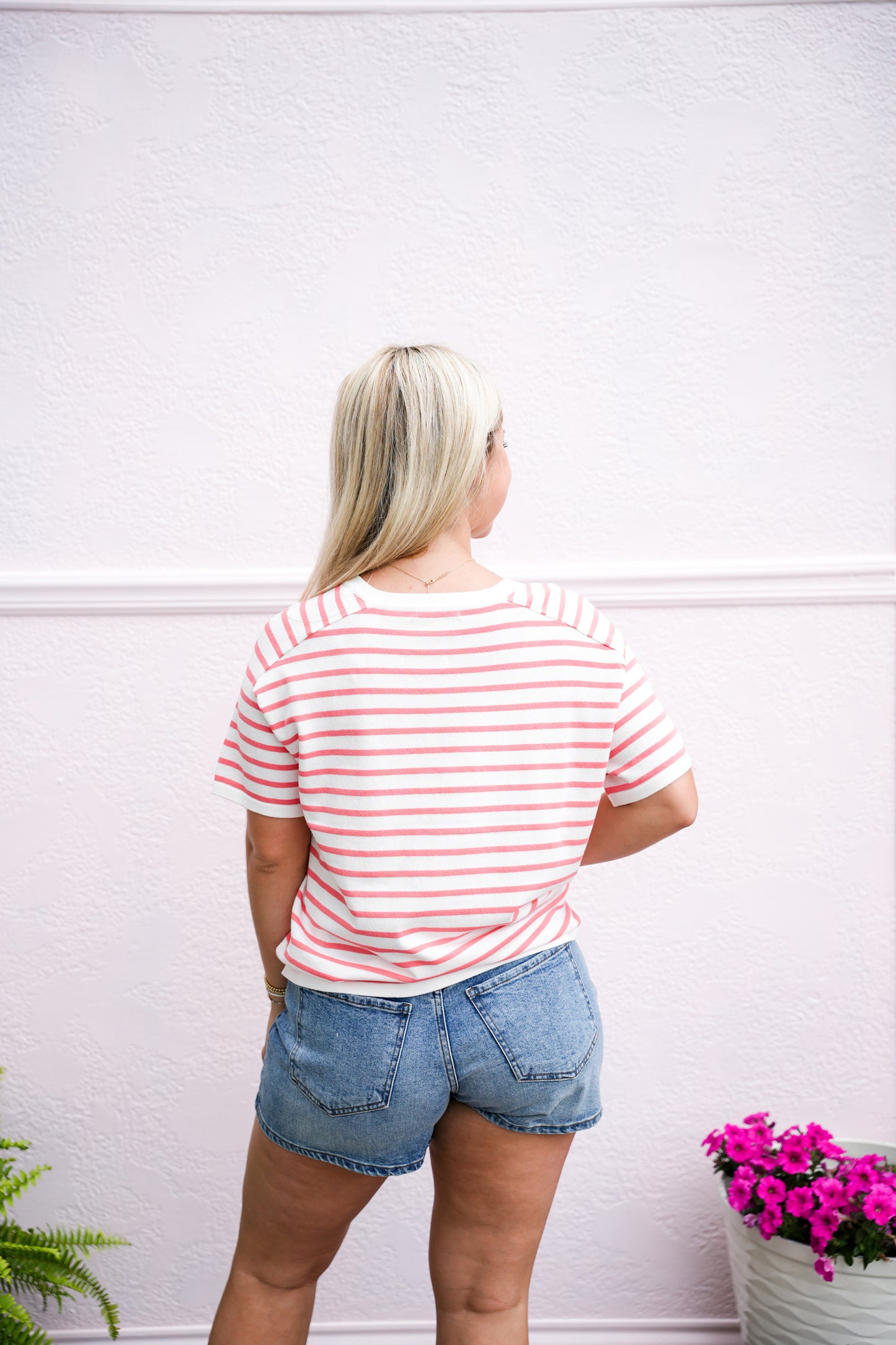 Ivory Coral Striped VNeck Sweater - Southern Belle Boutique