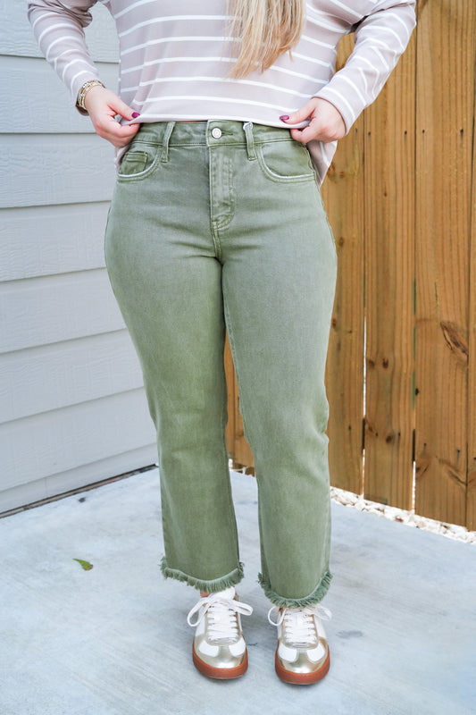 High Rise Raw Crop Straight Jeans - Deep Lichen Green