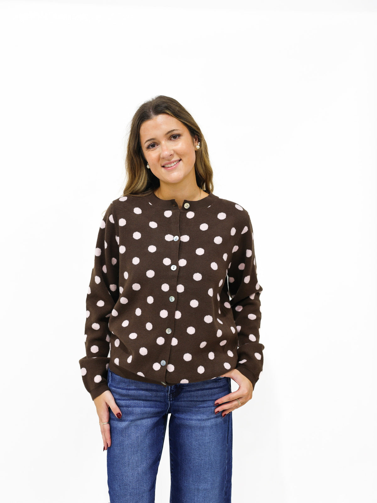Brown Cardigan w/Pink Polka Dots - Southern Belle Boutique