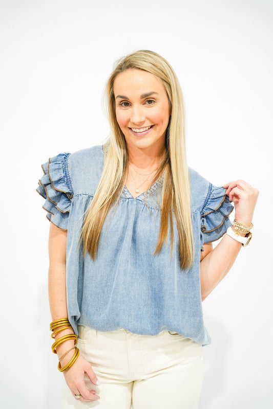 Beth Ruffle Sleeve Denim Top - Southern Belle Boutique