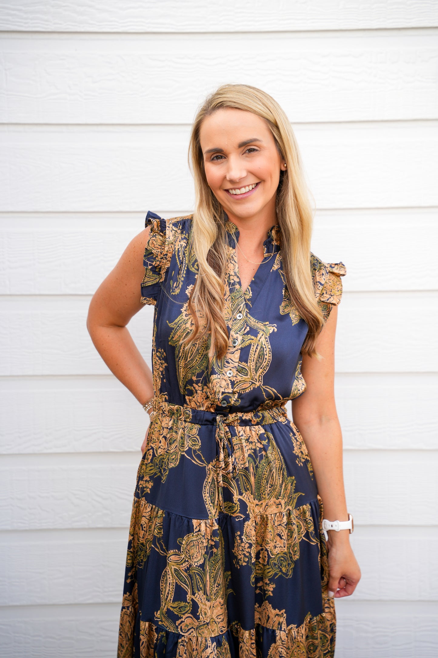 Gold Ink Floral Tiered Maxi Dress