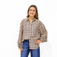Brown Gingham Plaid Ruffle Cuff Shirt