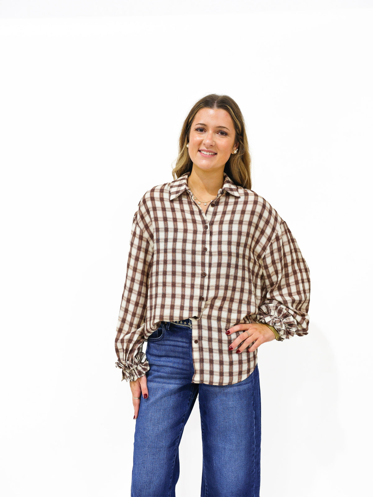 Brown Gingham Plaid Ruffle Cuff Shirt