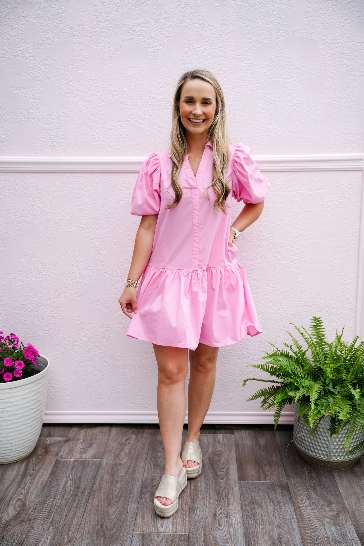Collared Tiered Mini Dress - Pink - Southern Belle Boutique