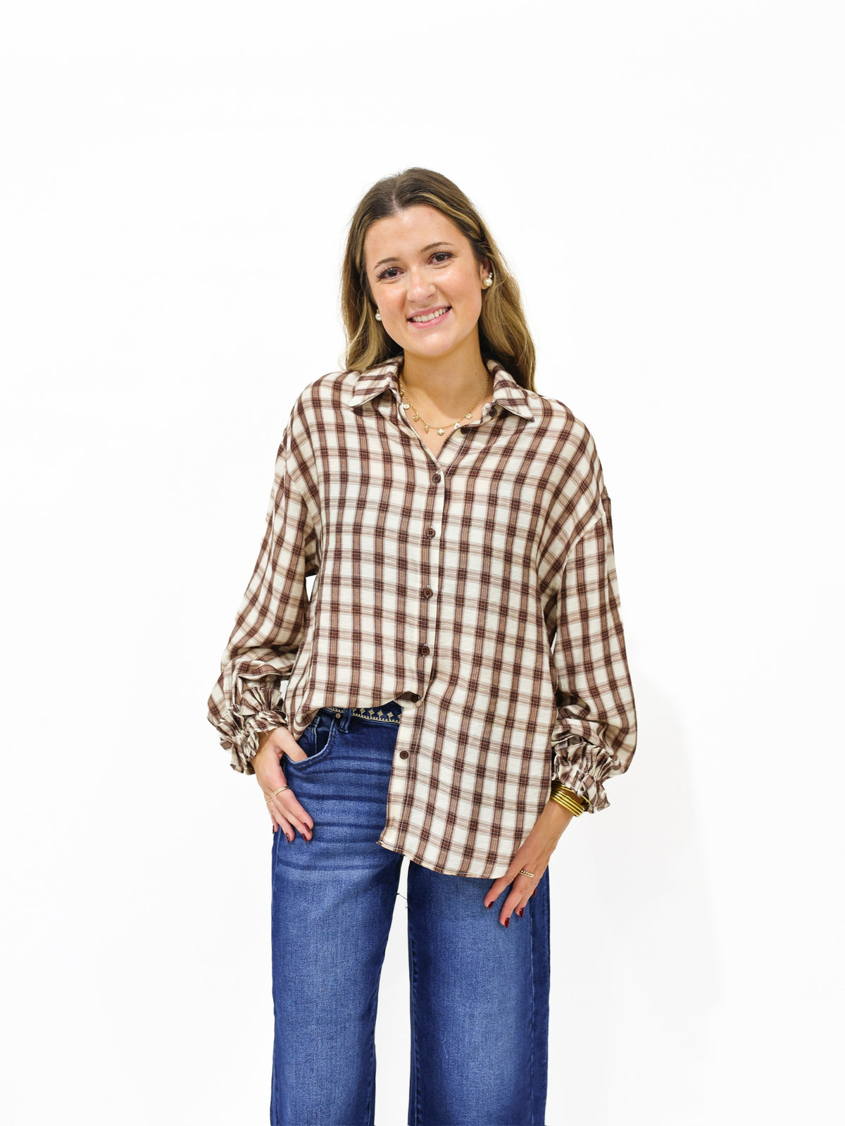 Brown Gingham Plaid Ruffle Cuff Shirt