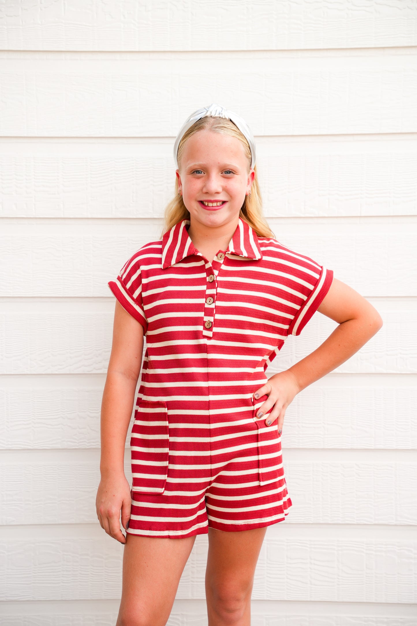 Rust Stripe Short Sleeve Collared Patch Pocket Romper