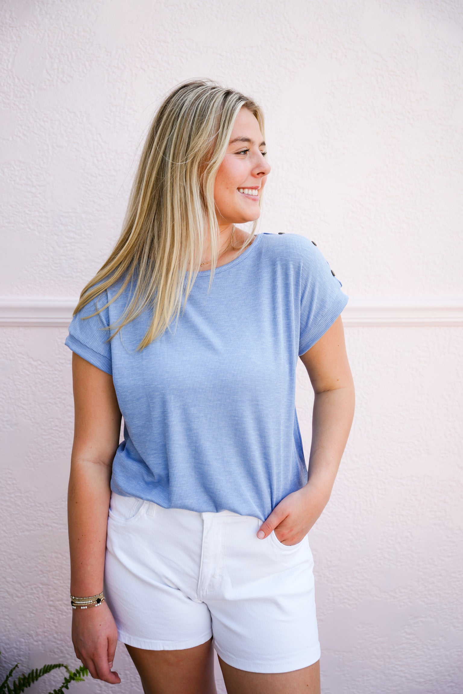Blue Crew Neck Button Shoulder Top - Southern Belle Boutique