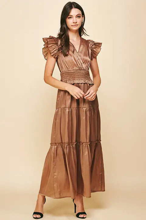 Mocha Satin Tiered Maxi Dress