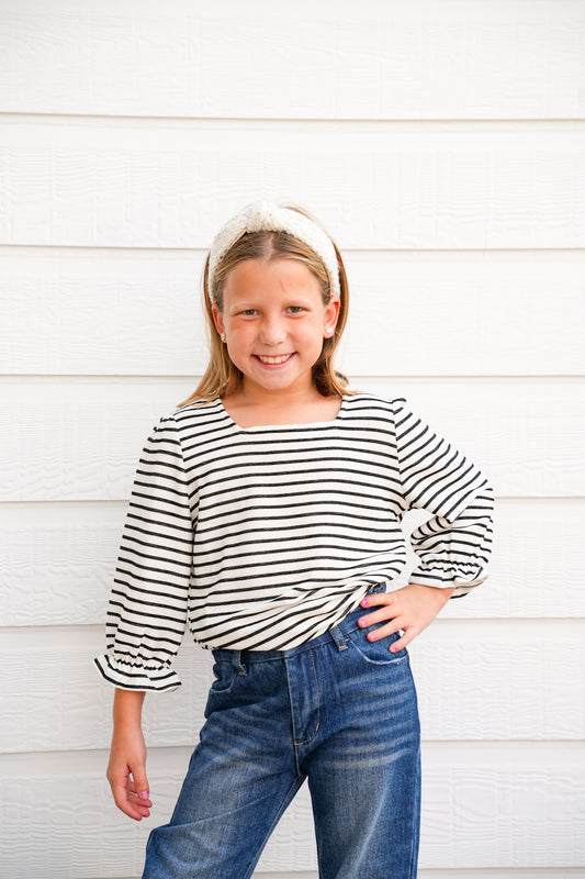 White Black Striped Square Neck Top