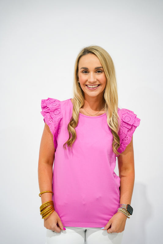 Hot Pink Eyelet Sleeve Top - Southern Belle Boutique