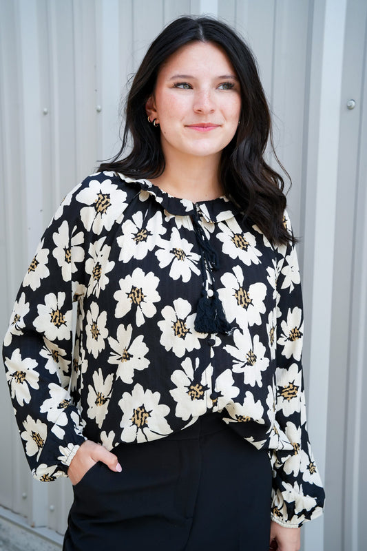 Floral Black Print Button Down Blouse