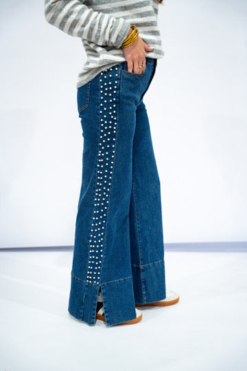 Mid Rise Flare Jean w/Split Cuff - Pearl Embellishment (Dark)