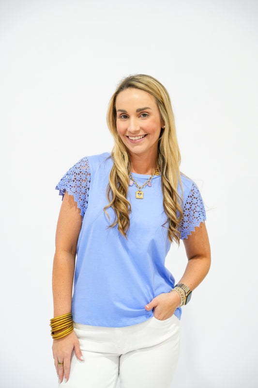 Blue Scalloped Lace Sleeve Top - Southern Belle Boutique