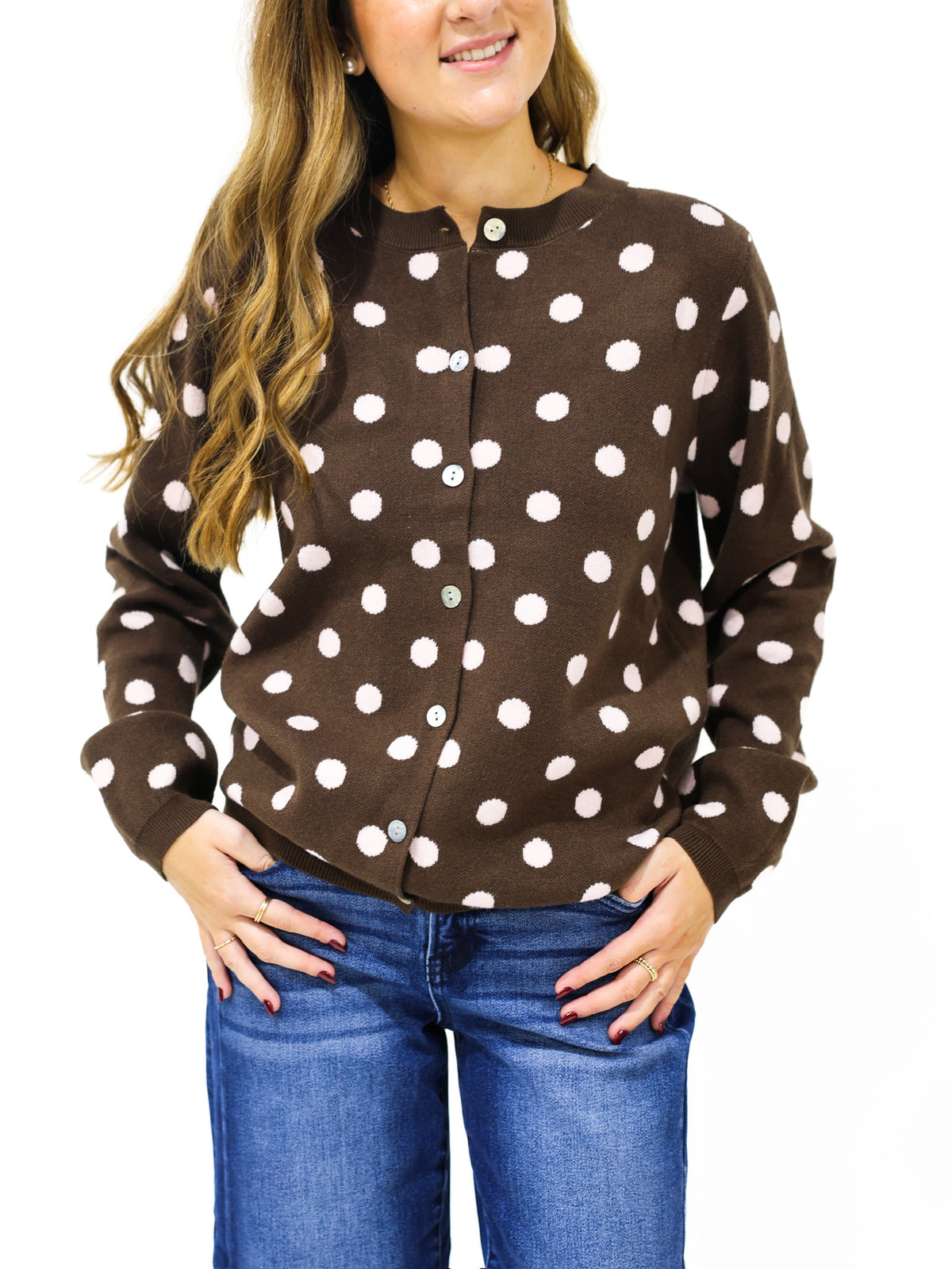 Brown Cardigan w/Pink Polka Dots - Southern Belle Boutique