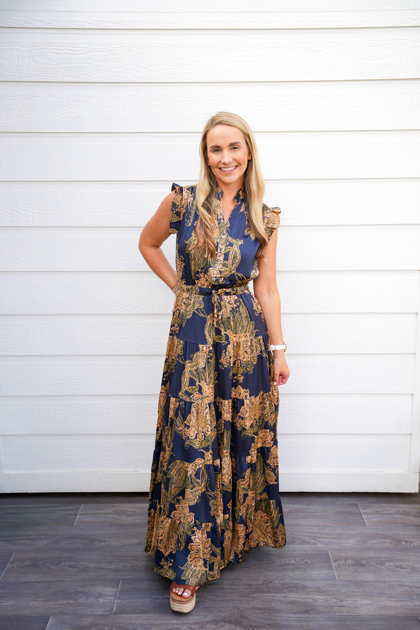 Gold Ink Floral Tiered Maxi Dress