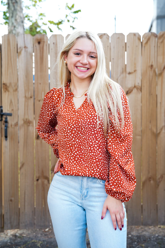 Rust Polka Dot VNeck Top