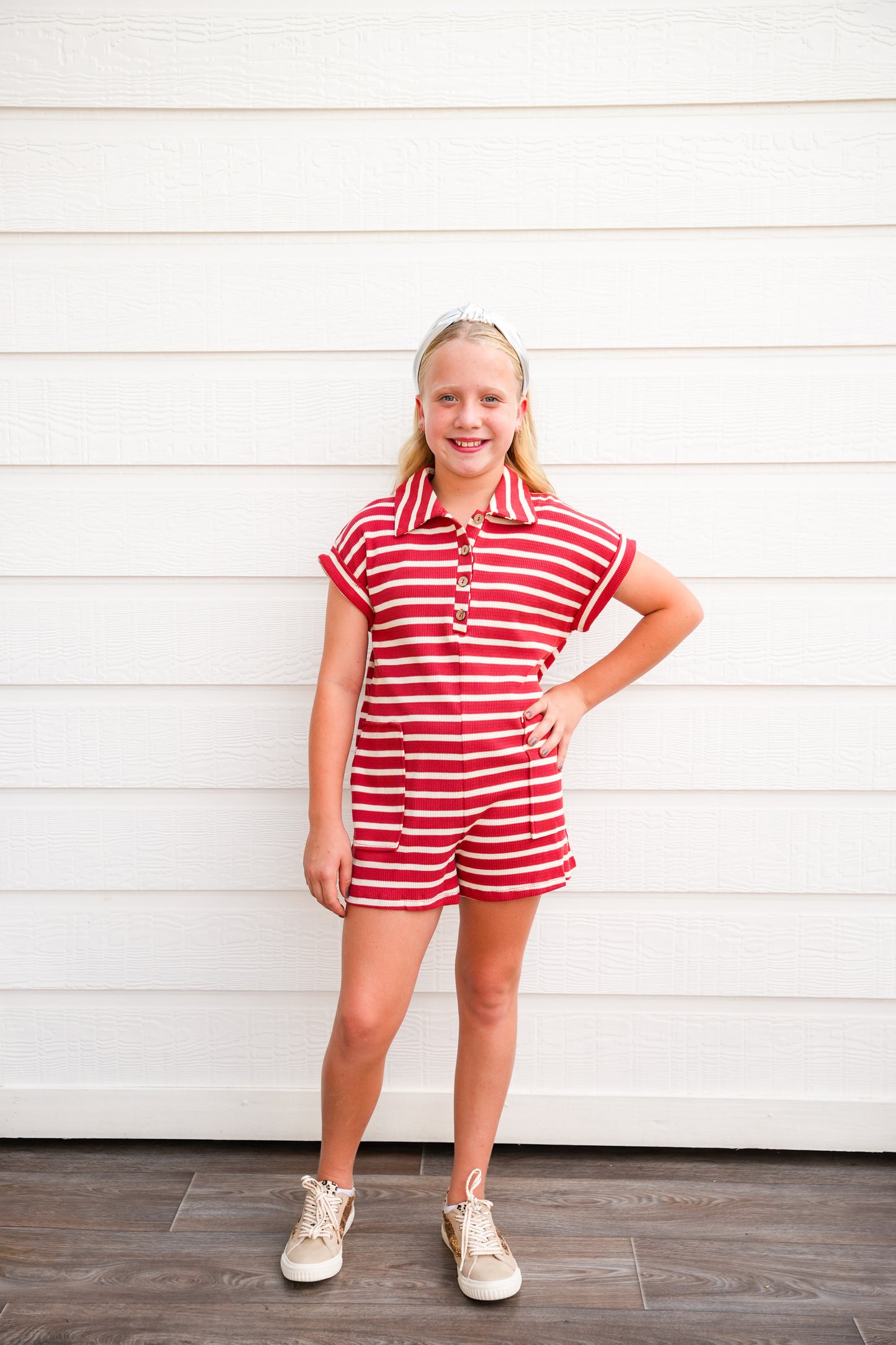 Rust Stripe Short Sleeve Collared Patch Pocket Romper