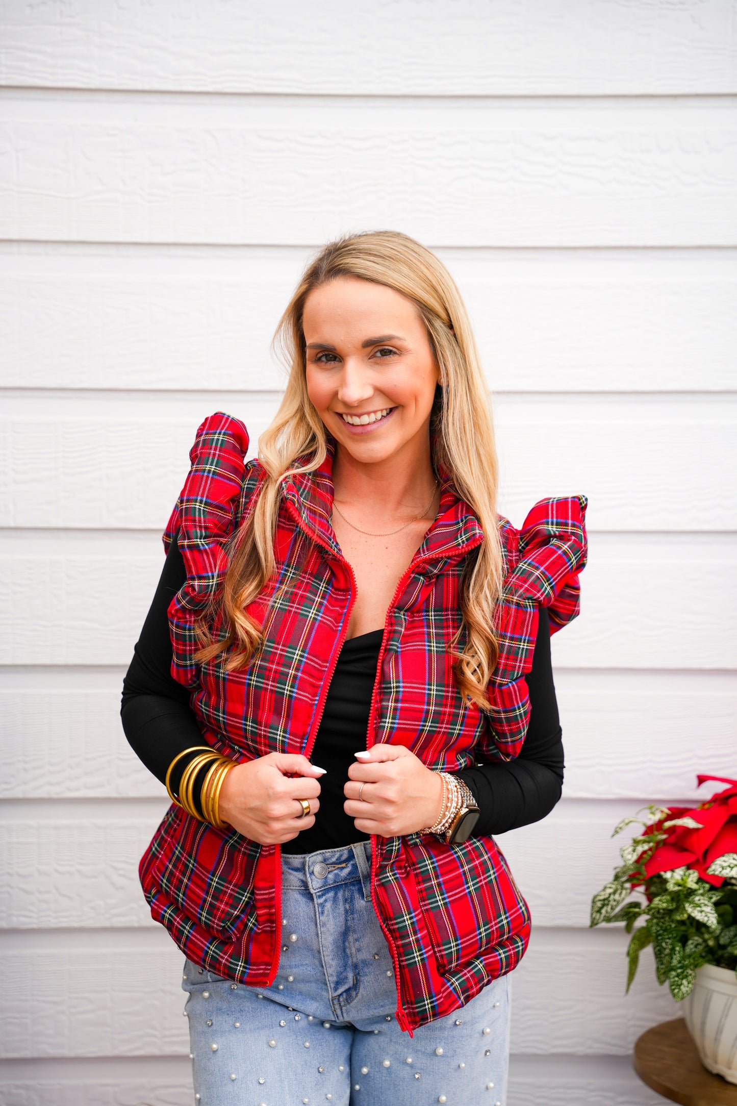 Red Christmas Plaid Puffer Vest