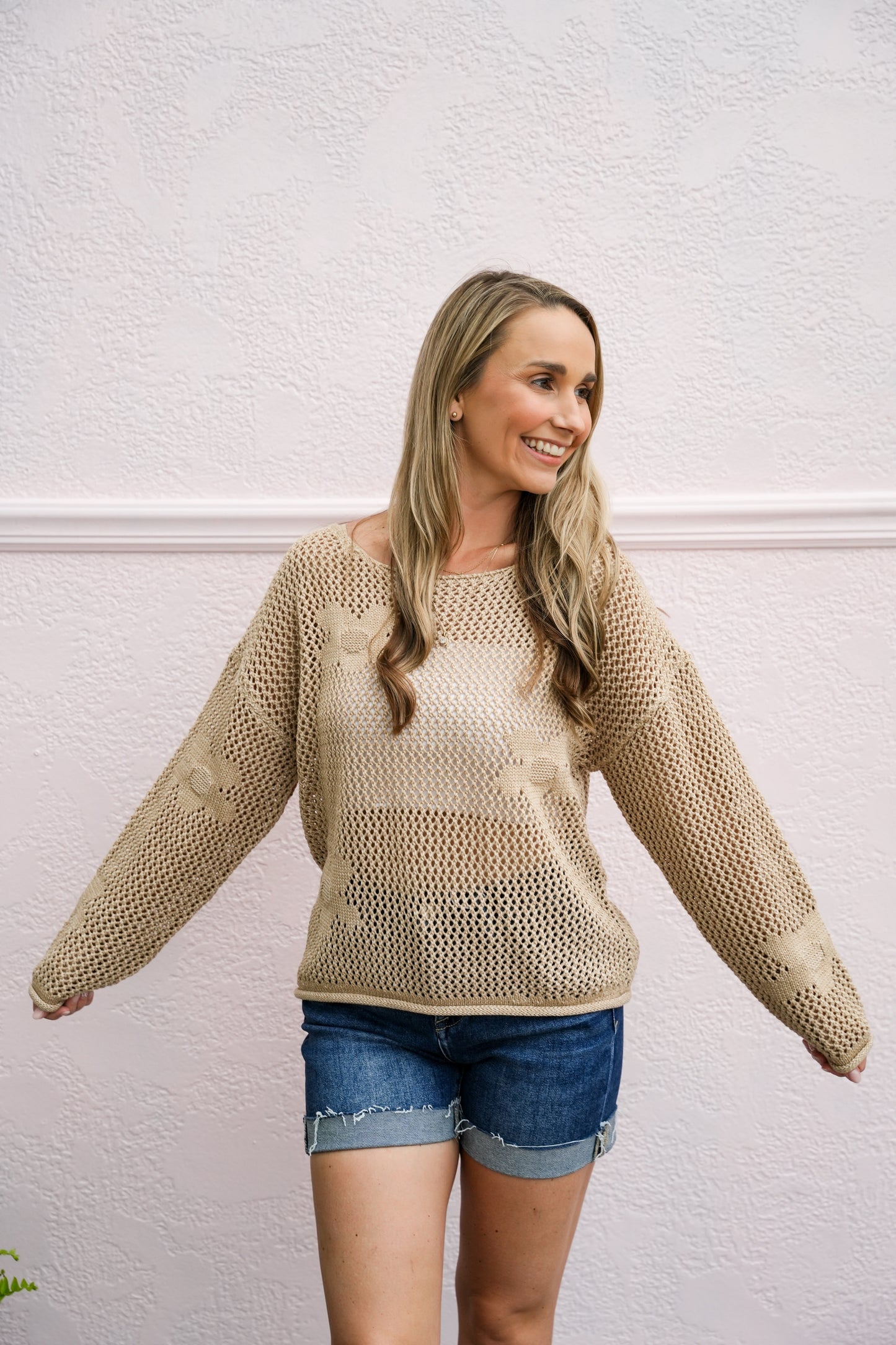 Beige Flower Crochet Stitch Sweater - Southern Belle Boutique