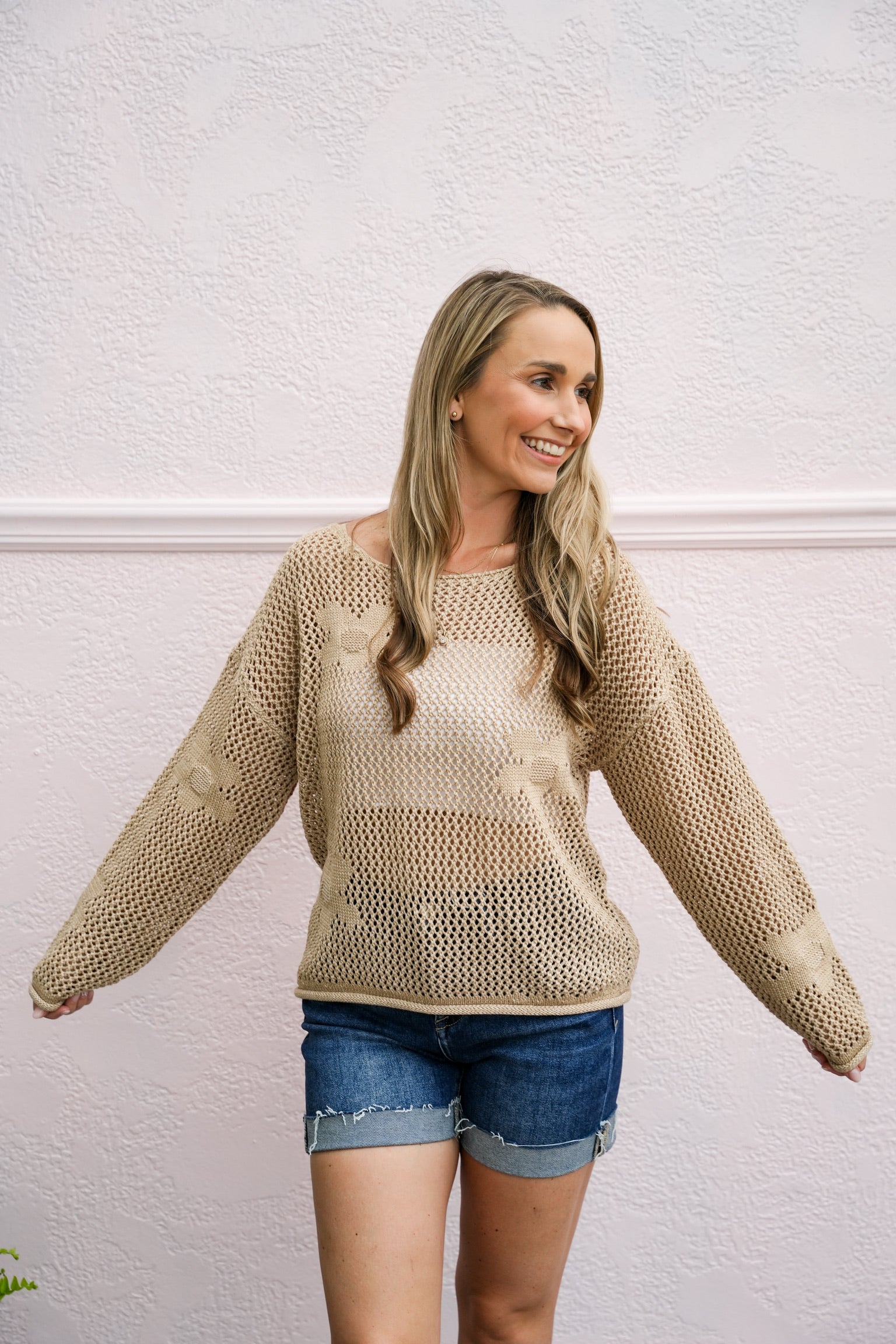 Beige Flower Crochet Stitch Sweater - Southern Belle Boutique