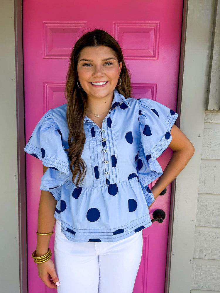 Blue Navy Polka Dot Ruffle Blouse