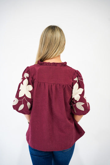 Burgundy Suede Embroidered Blouse